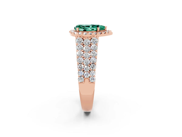 Rose gold Pear Cut Green Sapphire Halo Engagement Ring with Triple Row Round Pavé Band and Prong Setting