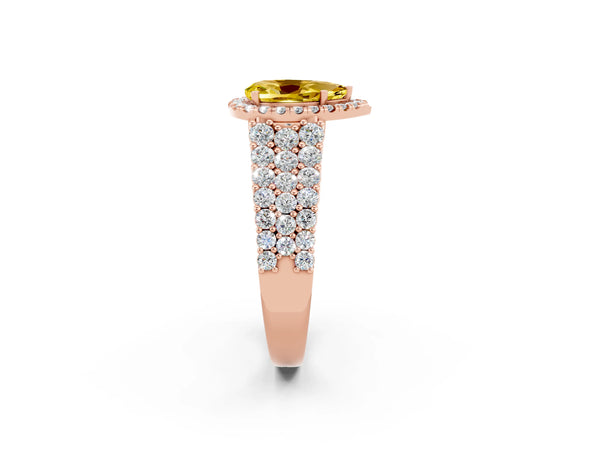 Rose gold Pear Cut Yellow Sapphire Halo Engagement Ring with Triple Row Round Pavé Band and Prong Setting