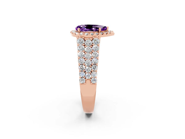 Rose gold Pear Cut Amethyst Halo Engagement Ring with Triple Row Round Pavé Band and Prong Setting