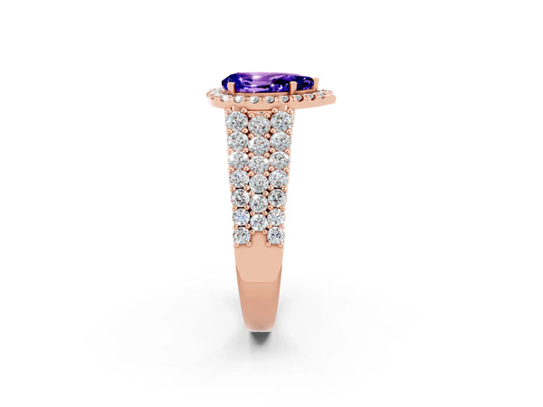 Rose gold Pear Cut Tanzanite Halo Engagement Ring with Triple Row Round Pavé Band and Prong Setting