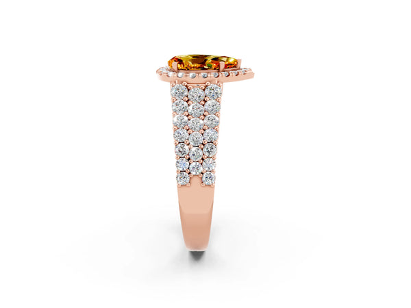 Rose gold Pear Cut Citrine Halo Engagement Ring with Triple Row Round Pavé Band and Prong Setting