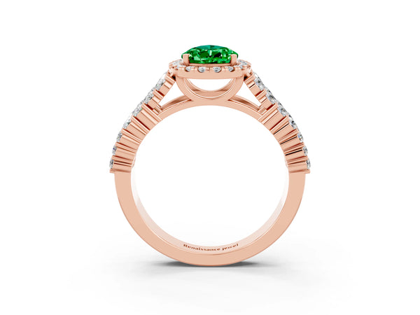 Rose gold Pear Cut Emerald Halo Engagement Ring with Triple Row Round Pavé Band and Prong Setting