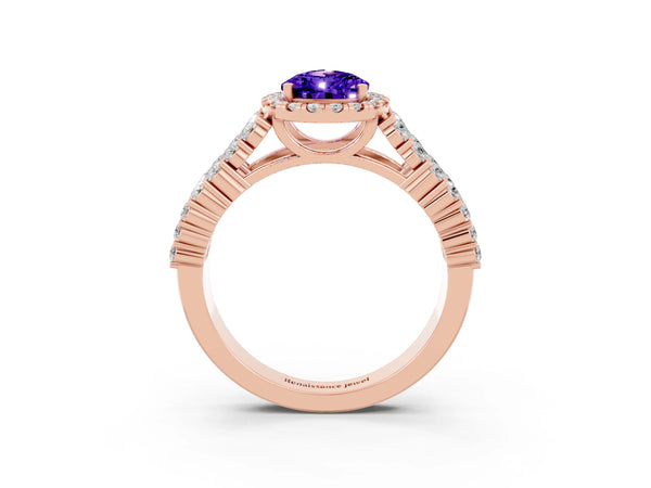 Rose gold Pear Cut Tanzanite Halo Engagement Ring with Triple Row Round Pavé Band and Prong Setting