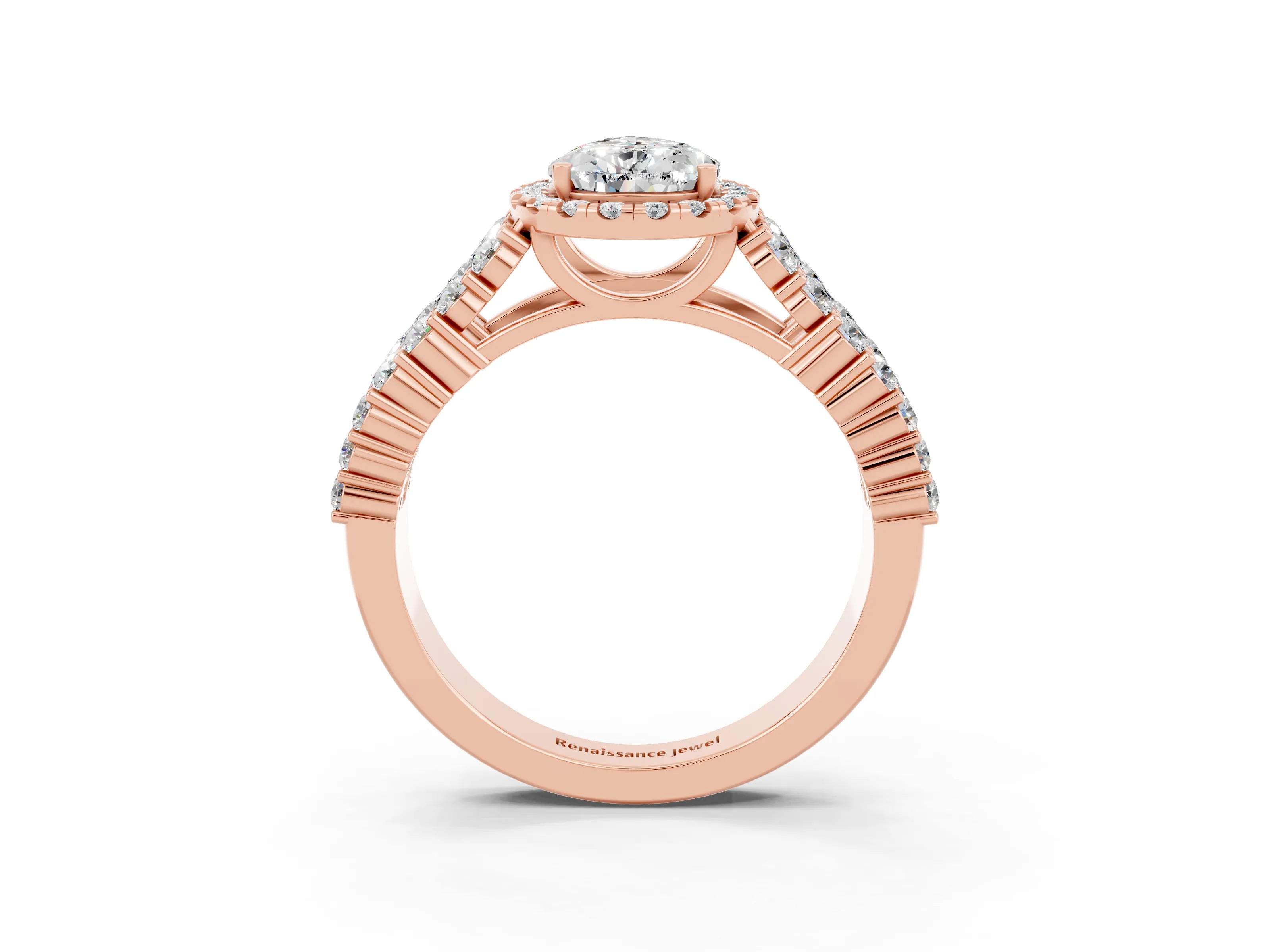 Rose gold Pear Cut Halo Pavé Diamond Engagement Ring with Split Shank and Four-Prong Setting_3