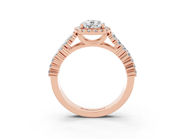 Rose gold Pear Cut Moissanite Halo Engagement Ring with Triple Row Round Pavé Band and Prong Setting