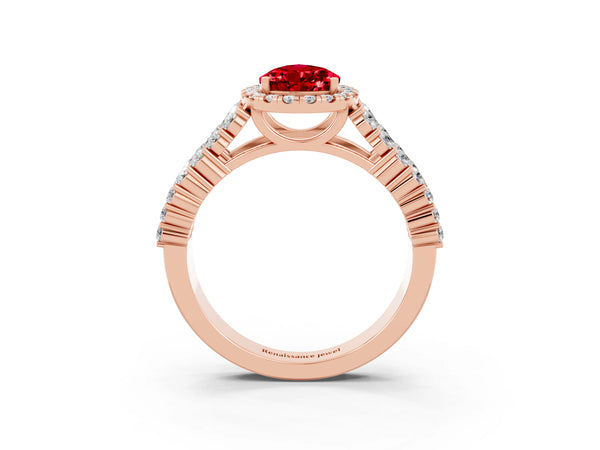 Rose gold Pear Cut Halo Pavé Diamond Engagement Ring with Split Shank and Four-Prong Setting