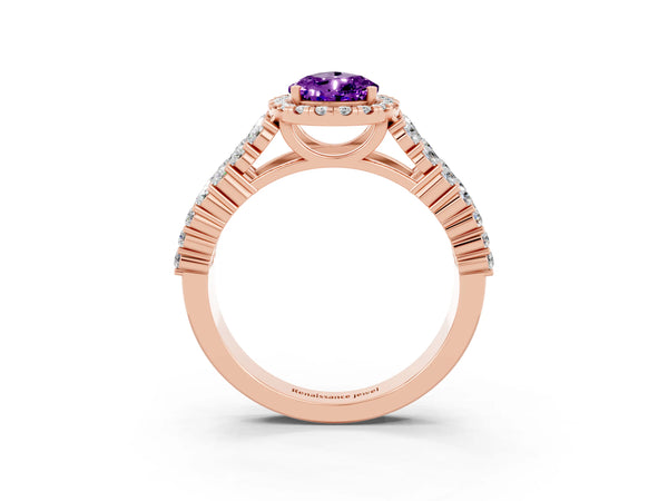 Rose gold Pear Cut Amethyst Halo Engagement Ring with Triple Row Round Pavé Band and Prong Setting