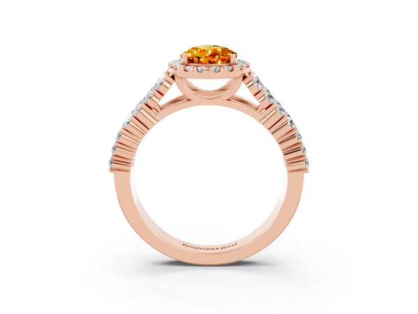 Rose gold Pear Cut Citrine Halo Engagement Ring with Triple Row Round Pavé Band and Prong Setting