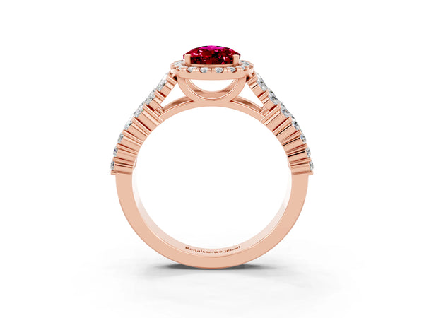 Rose gold Pear Cut Garnet Halo Engagement Ring with Triple Row Round Pavé Band and Prong Setting