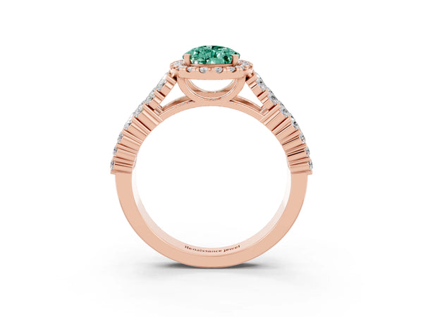 Rose gold Pear Cut Green Sapphire Halo Engagement Ring with Triple Row Round Pavé Band and Prong Setting