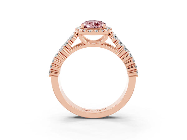 Rose gold Pear Cut Halo Pavé Diamond Engagement Ring with Split Shank and Four-Prong Setting
