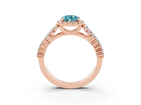 Rose gold Pear Cut Halo Pavé Diamond Engagement Ring with Split Shank and Four-Prong Setting