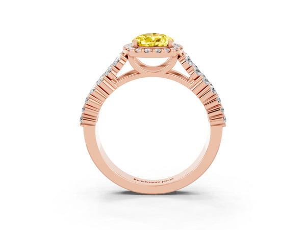 Rose gold Pear Cut Yellow Sapphire Halo Engagement Ring with Triple Row Round Pavé Band and Prong Setting