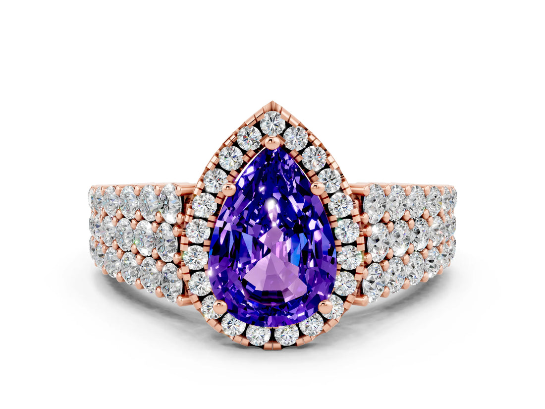 Rose gold Pear Cut Halo Pavé Diamond Engagement Ring with Split Shank and Four-Prong Setting