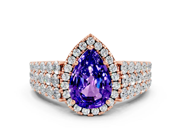 Rose gold Pear Cut Tanzanite Halo Engagement Ring with Triple Row Round Pavé Band and Prong Setting
