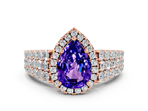 Rose gold Pear Cut Halo Pavé Diamond Engagement Ring with Split Shank and Four-Prong Setting