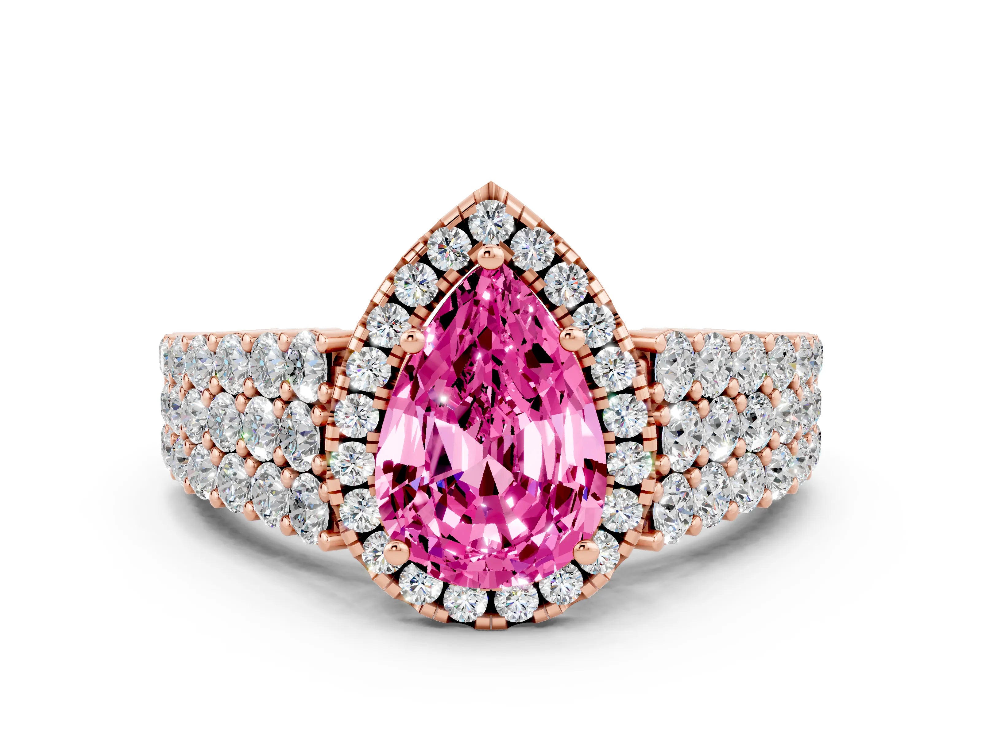 Rose gold Pear Cut Halo Pavé Diamond Engagement Ring with Split Shank and Four-Prong Setting