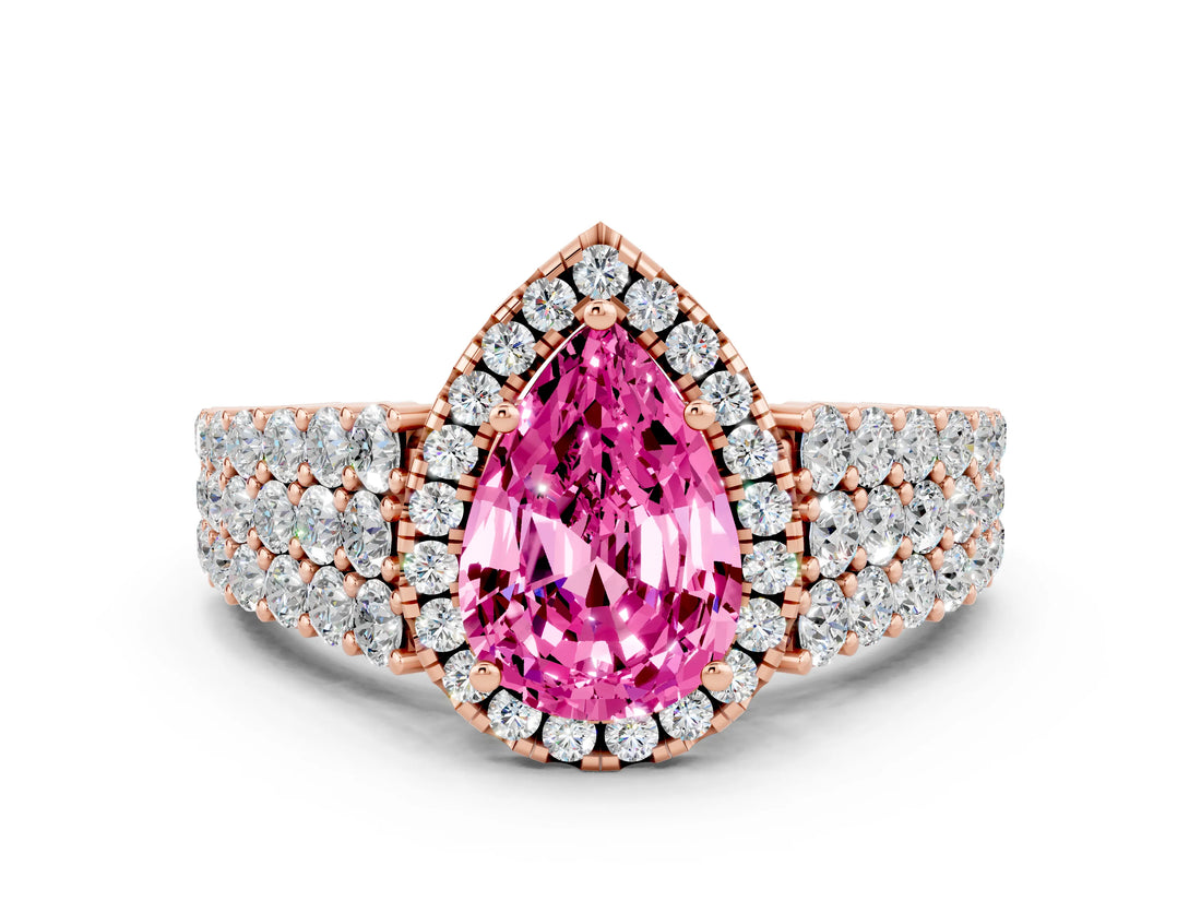 Rose gold Pear Cut Halo Pavé Diamond Engagement Ring with Split Shank and Four-Prong Setting