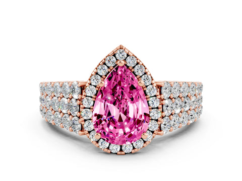 Rose gold Pear Cut Halo Pavé Diamond Engagement Ring with Split Shank and Four-Prong Setting