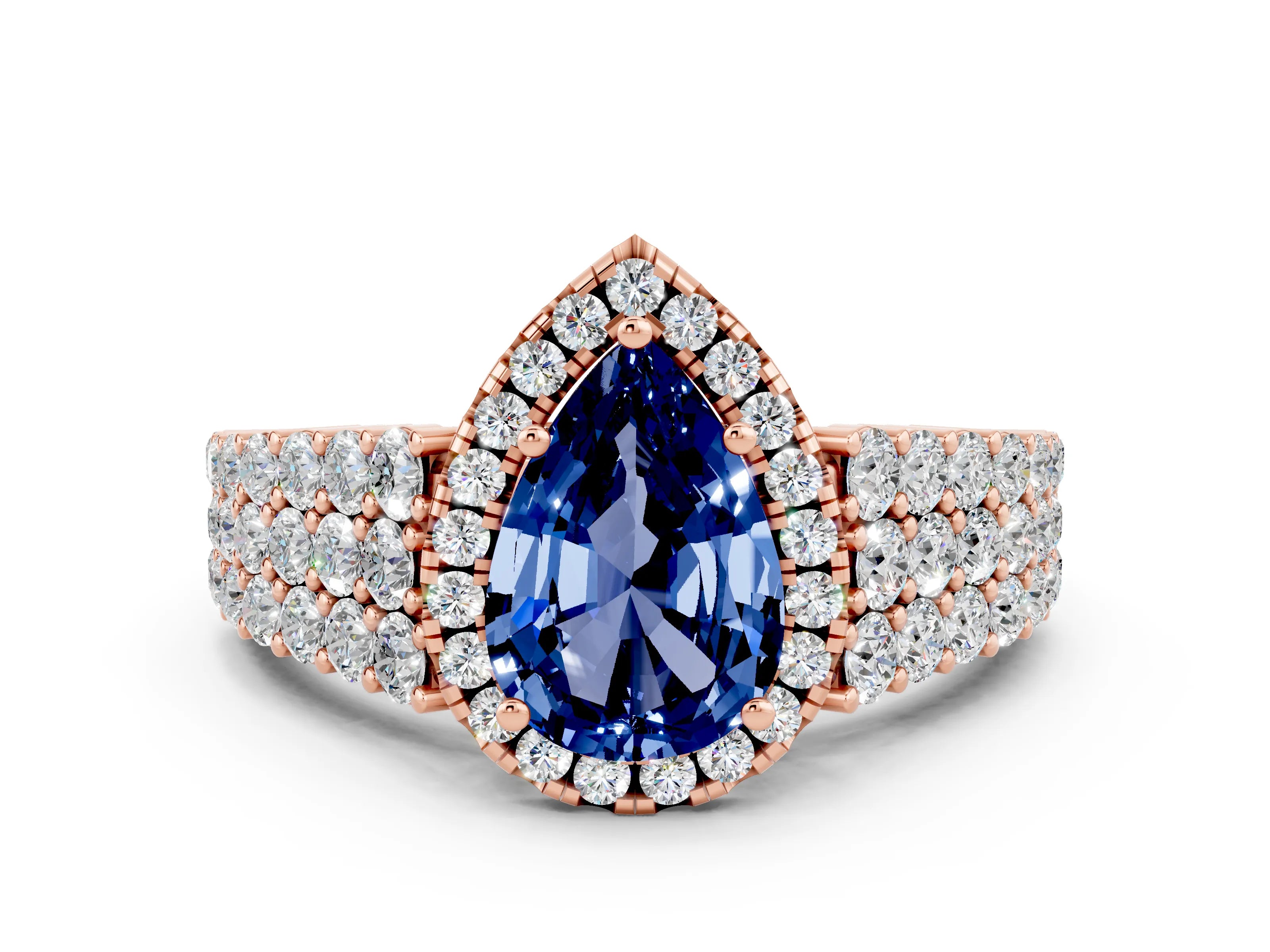 Rose gold Pear Cut Halo Pavé Diamond Engagement Ring with Split Shank and Four-Prong Setting