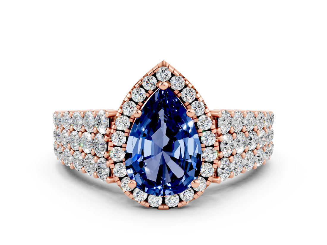 Rose gold Pear Cut Halo Pavé Diamond Engagement Ring with Split Shank and Four-Prong Setting