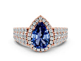 Rose gold Pear Cut Halo Pavé Diamond Engagement Ring with Split Shank and Four-Prong Setting