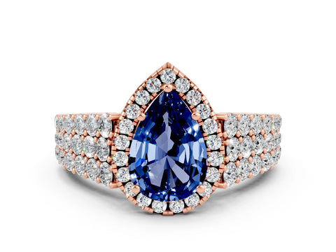 Rose gold Pear Cut Halo Pavé Diamond Engagement Ring with Split Shank and Four-Prong Setting