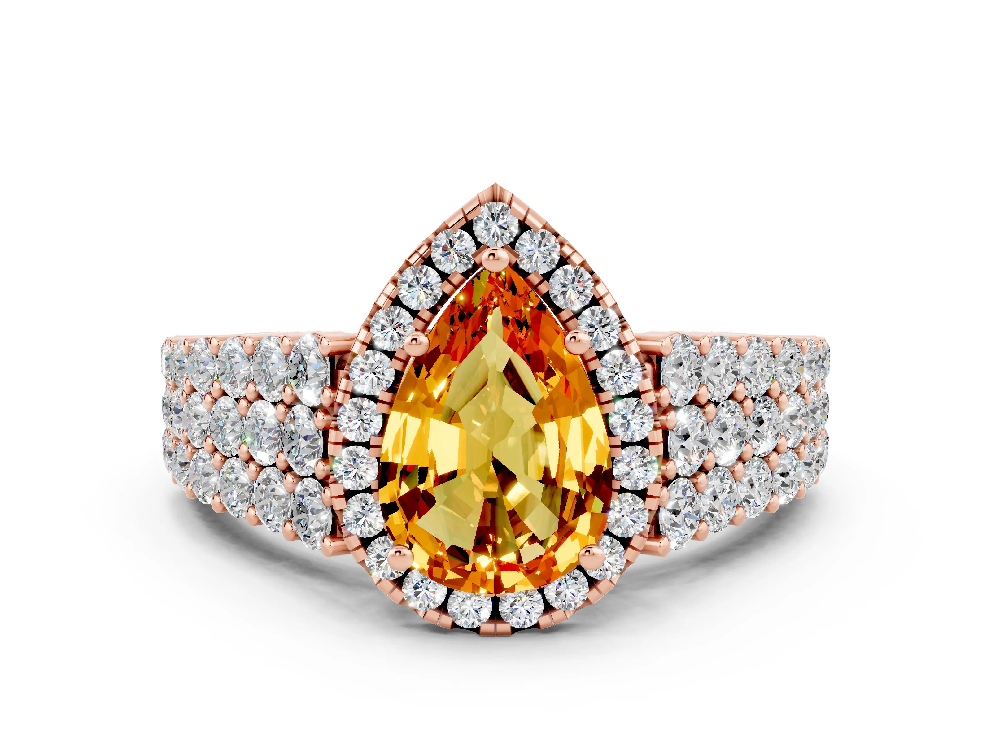 Rose gold Pear Cut Halo Pavé Diamond Engagement Ring with Split Shank and Four-Prong Setting