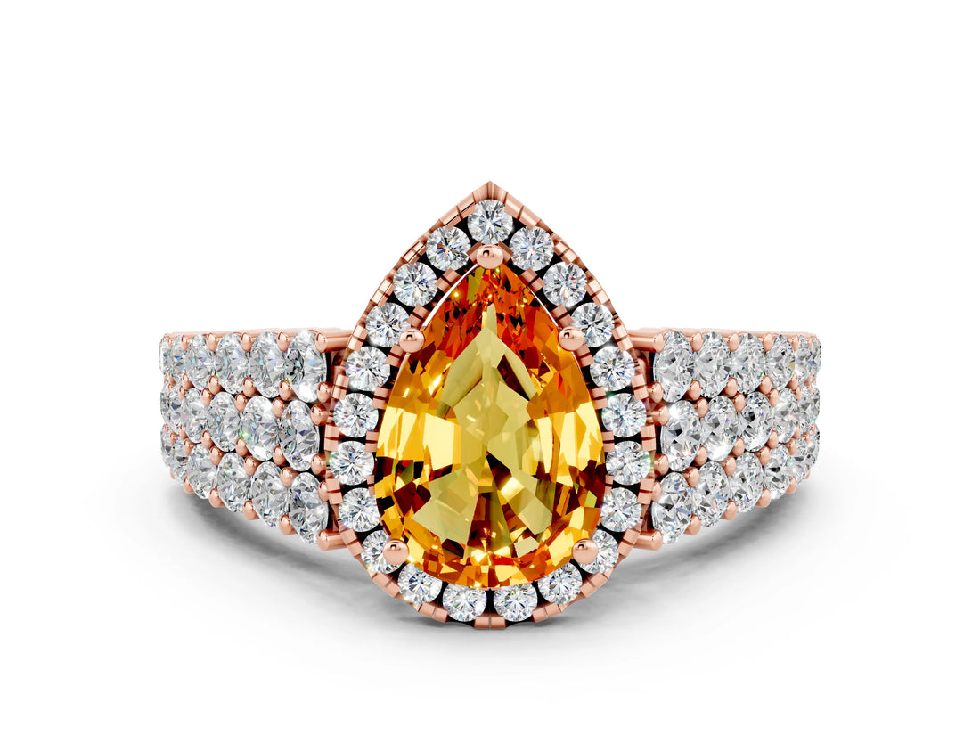 Rose gold Pear Cut Halo Pavé Diamond Engagement Ring with Split Shank and Four-Prong Setting