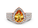 Rose gold Pear Cut Halo Pavé Diamond Engagement Ring with Split Shank and Four-Prong Setting
