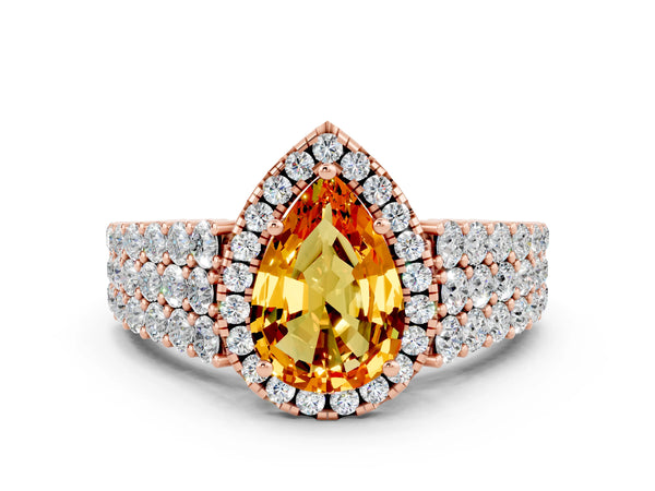 Rose gold Pear Cut Citrine Halo Engagement Ring with Triple Row Round Pavé Band and Prong Setting
