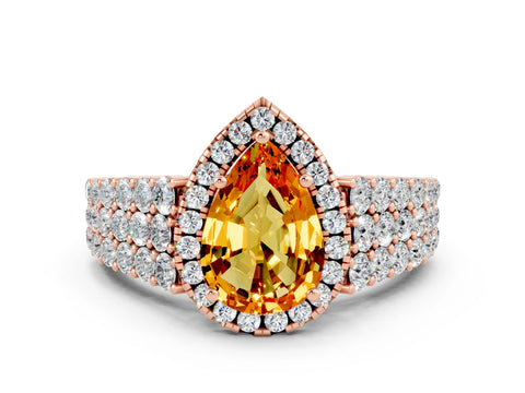 Rose gold Pear Cut Halo Pavé Diamond Engagement Ring with Split Shank and Four-Prong Setting
