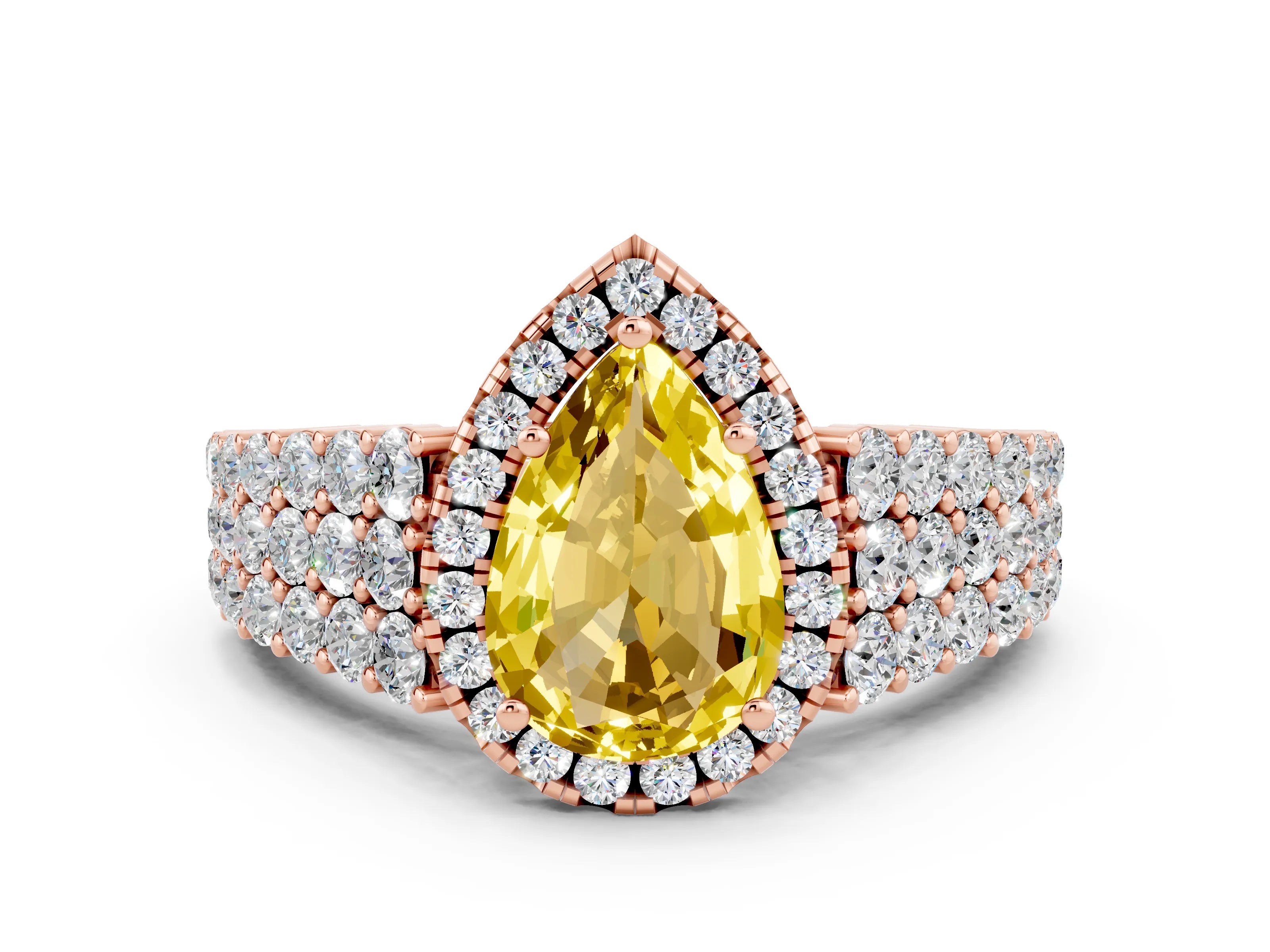 Rose gold Pear Cut Halo Pavé Diamond Engagement Ring with Split Shank and Four-Prong Setting