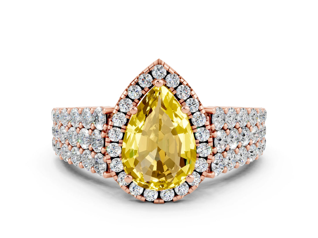 Rose gold Pear Cut Halo Pavé Diamond Engagement Ring with Split Shank and Four-Prong Setting