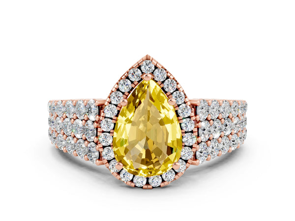 Rose gold Pear Cut Yellow Sapphire Halo Engagement Ring with Triple Row Round Pavé Band and Prong Setting