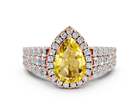 Rose gold Pear Cut Halo Pavé Diamond Engagement Ring with Split Shank and Four-Prong Setting