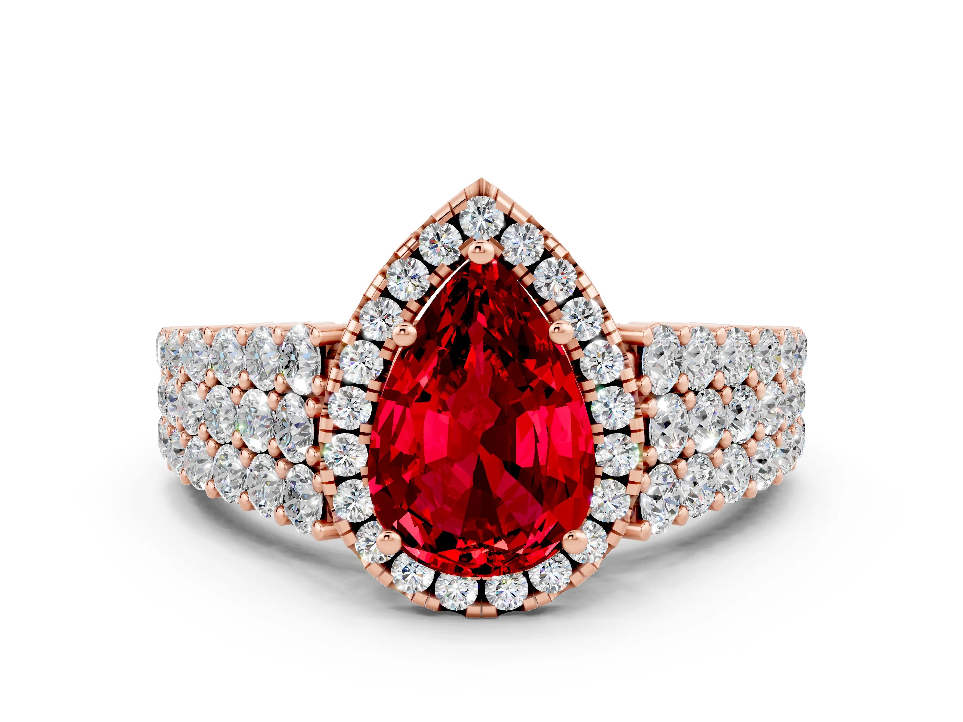 Rose gold Pear Cut Halo Pavé Diamond Engagement Ring with Split Shank and Four-Prong Setting