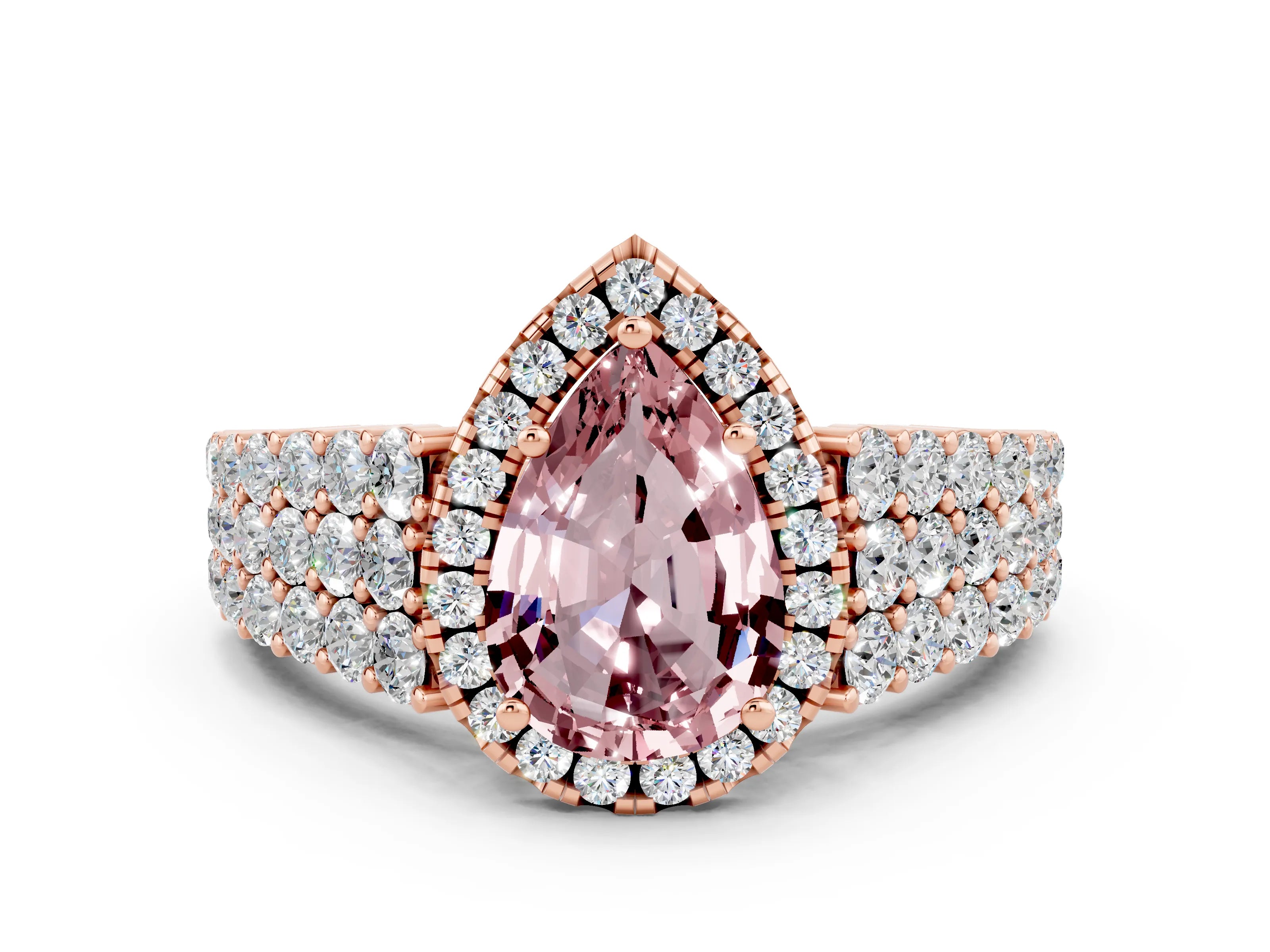 Rose gold Pear Cut Halo Pavé Diamond Engagement Ring with Split Shank and Four-Prong Setting