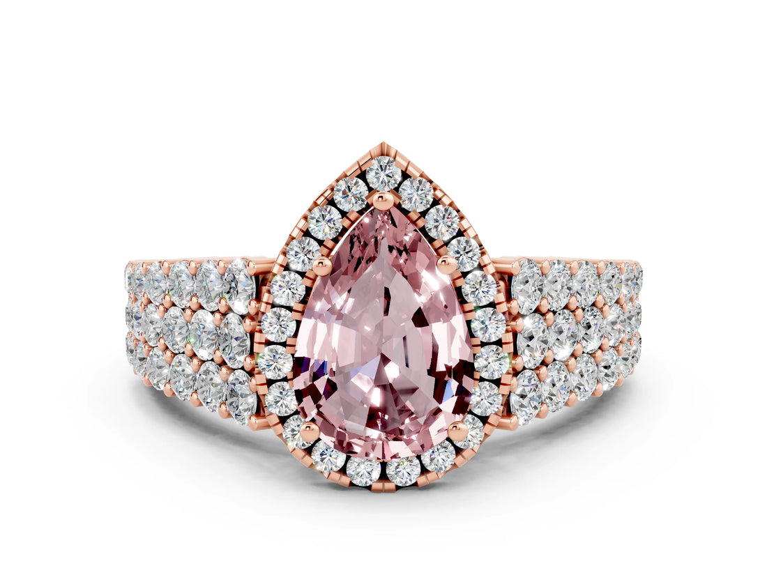 Rose gold Pear Cut Halo Pavé Diamond Engagement Ring with Split Shank and Four-Prong Setting
