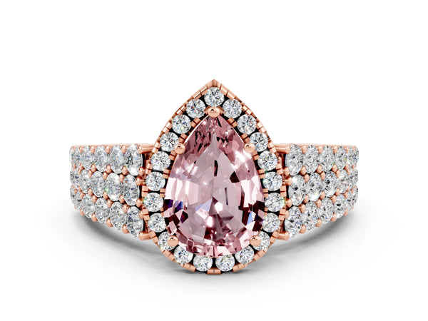 Rose gold Pear Cut Halo Pavé Diamond Engagement Ring with Split Shank and Four-Prong Setting