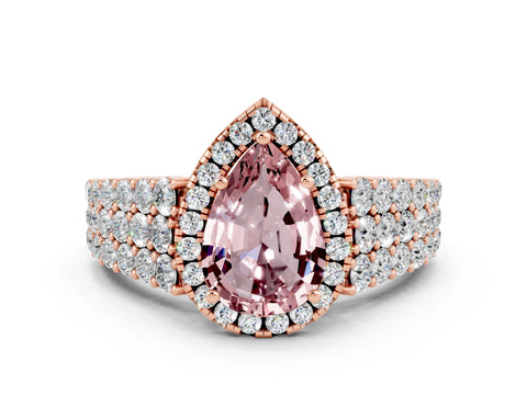 Rose gold Pear Cut Halo Pavé Diamond Engagement Ring with Split Shank and Four-Prong Setting