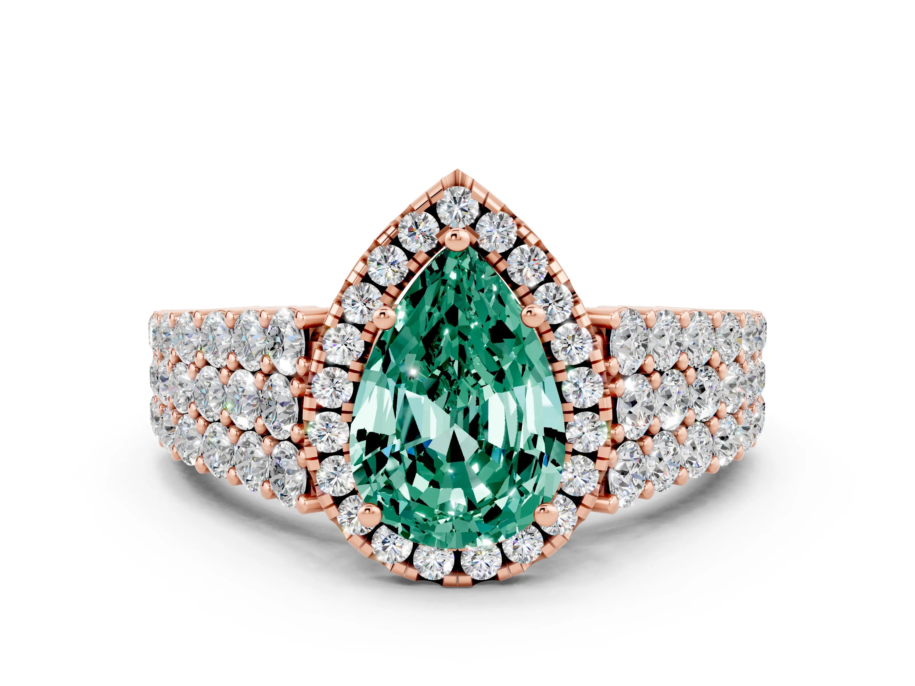 Rose gold Pear Cut Halo Pavé Diamond Engagement Ring with Split Shank and Four-Prong Setting