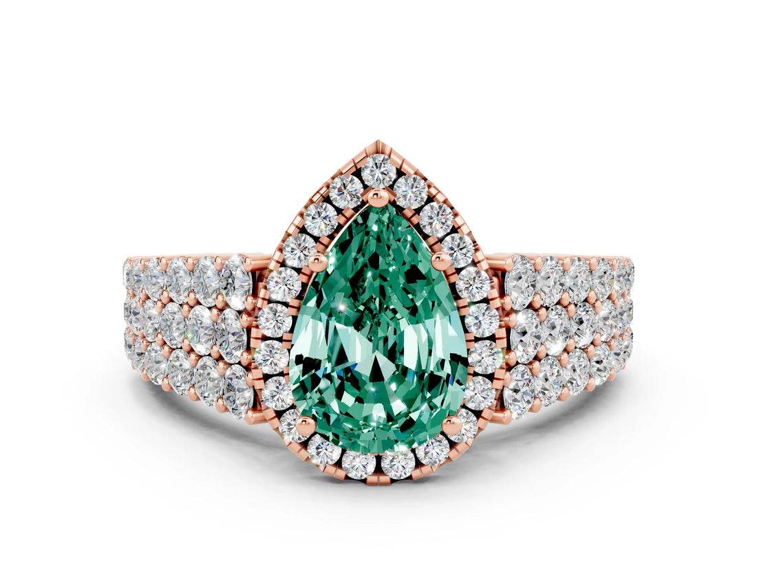 Rose gold Pear Cut Halo Pavé Diamond Engagement Ring with Split Shank and Four-Prong Setting