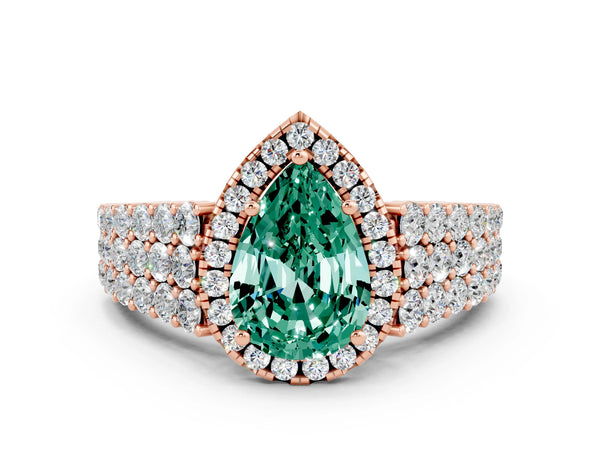Rose gold Pear Cut Green Sapphire Halo Engagement Ring with Triple Row Round Pavé Band and Prong Setting