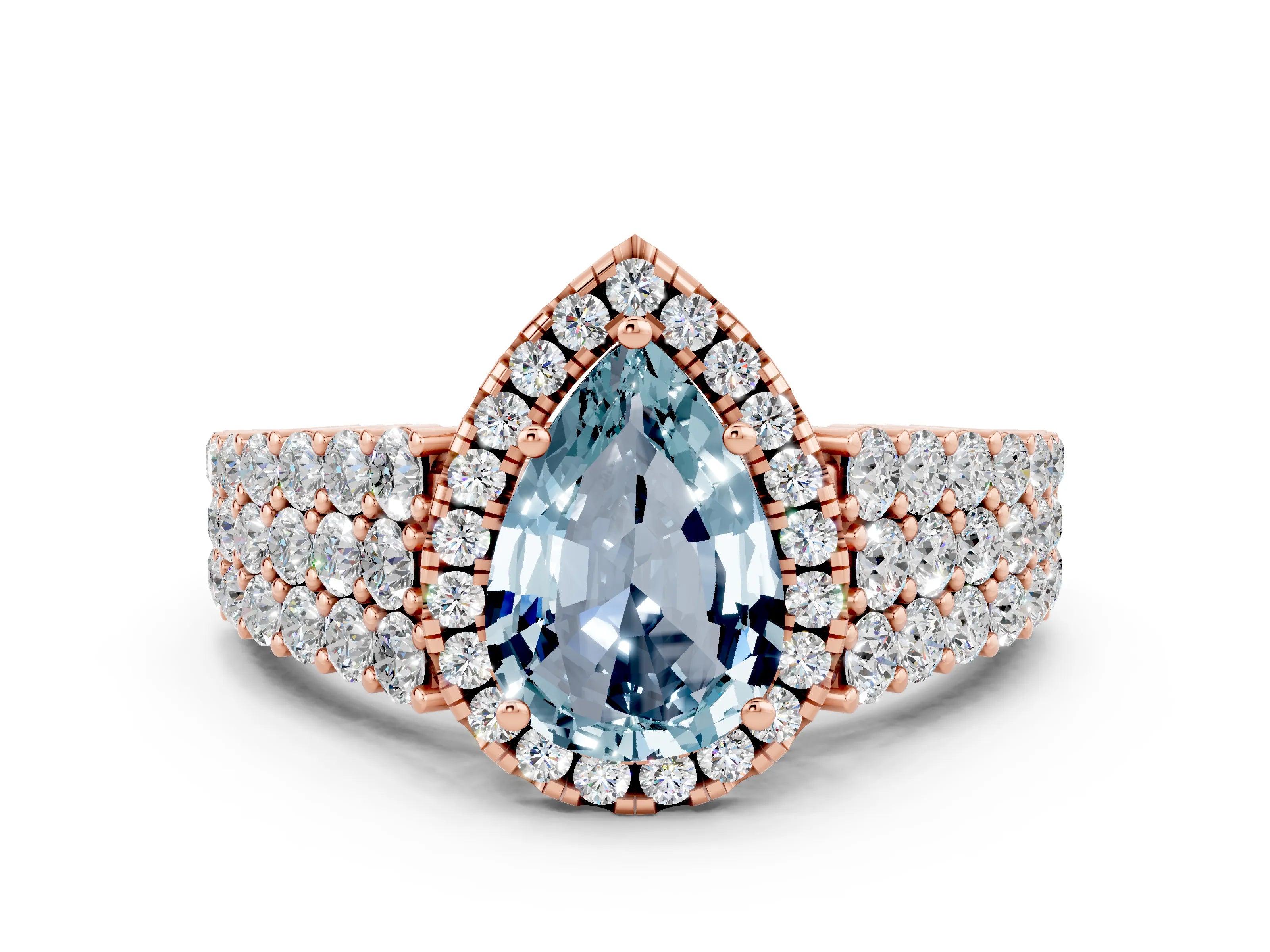 Rose gold Pear Cut Halo Pavé Diamond Engagement Ring with Split Shank and Four-Prong Setting