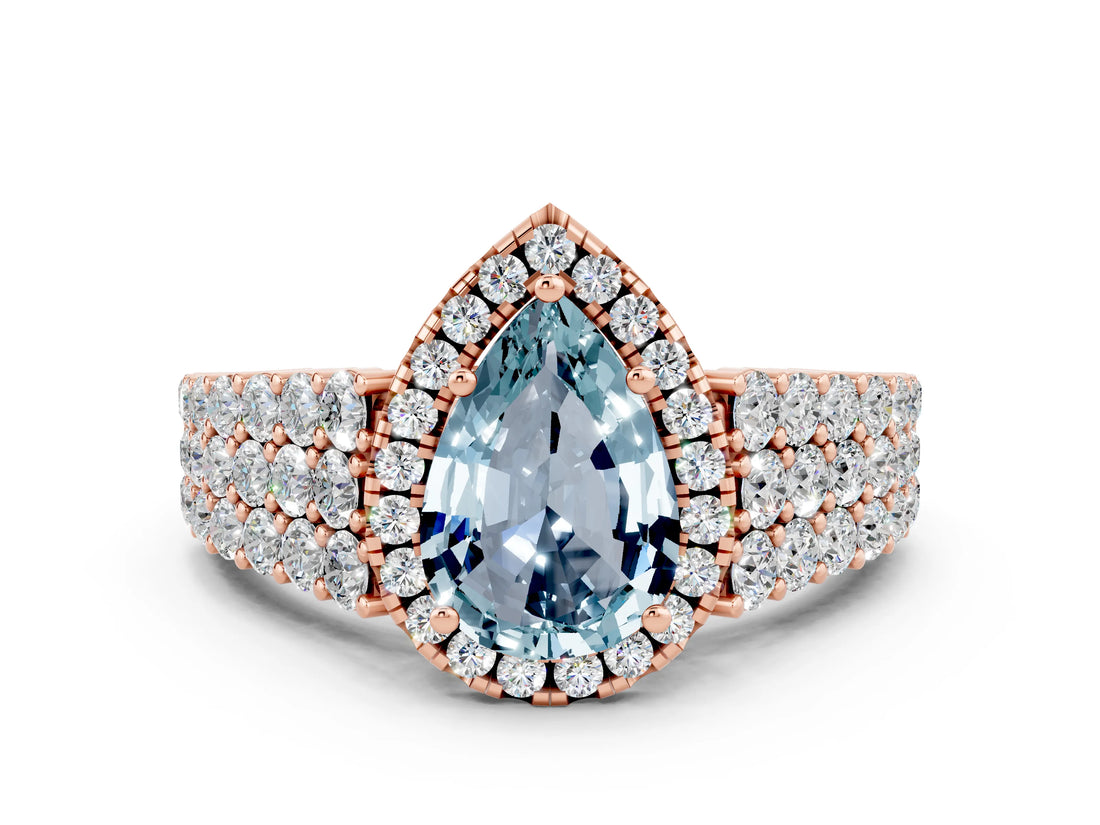 Rose gold Pear Cut Halo Pavé Diamond Engagement Ring with Split Shank and Four-Prong Setting