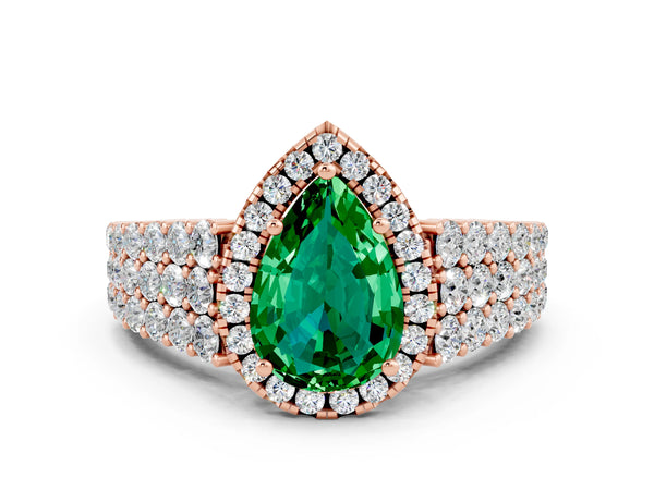 Rose gold Pear Cut Emerald Halo Engagement Ring with Triple Row Round Pavé Band and Prong Setting
