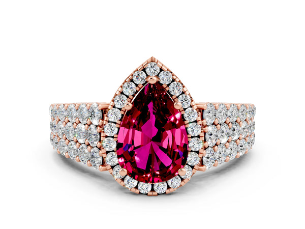 Rose gold Pear Cut Garnet Halo Engagement Ring with Triple Row Round Pavé Band and Prong Setting