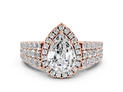Rose gold Pear Cut Halo Pavé Diamond Engagement Ring with Split Shank and Four-Prong Setting