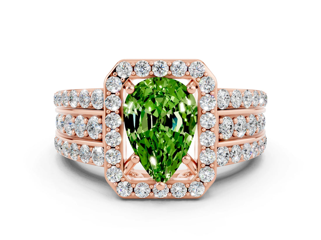 Rose gold Pear Cut Halo Peridot Ring with Split Shank and Four-Prong Setting